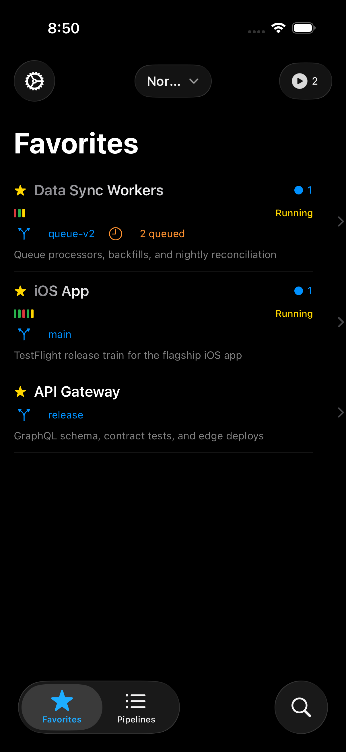 CI Deck favorites tab listing three starred pipelines with running status