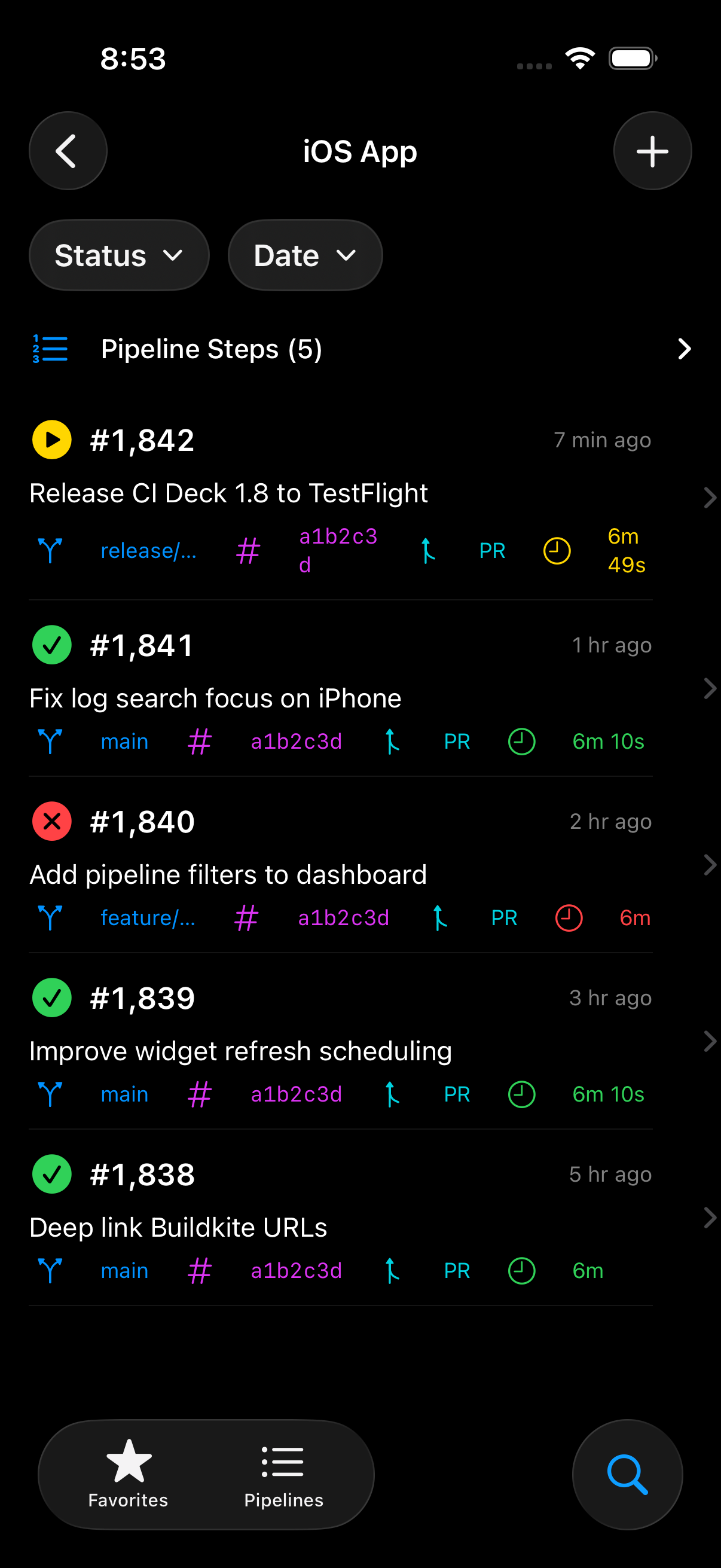 CI Deck build history filtered by status and date