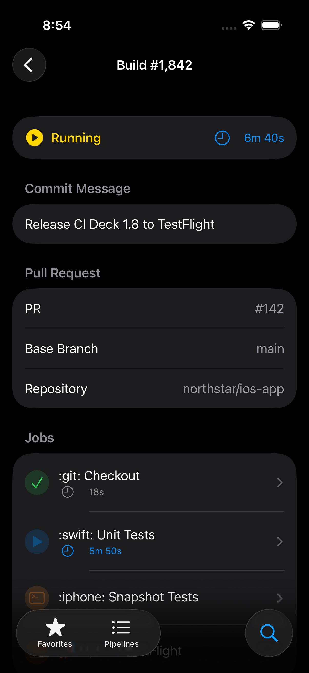 CI Deck build detail with commit, pull request, branch, and jobs
