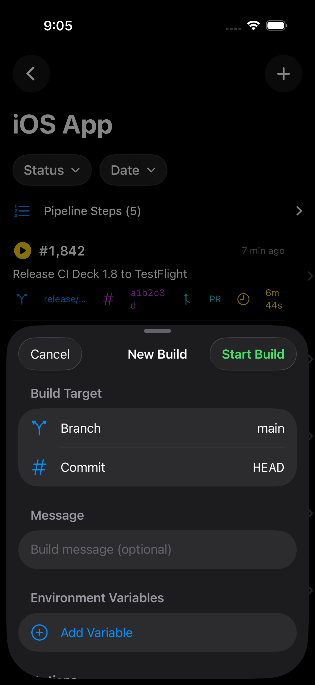 CI Deck new-build sheet with branch, commit, and custom environment variables