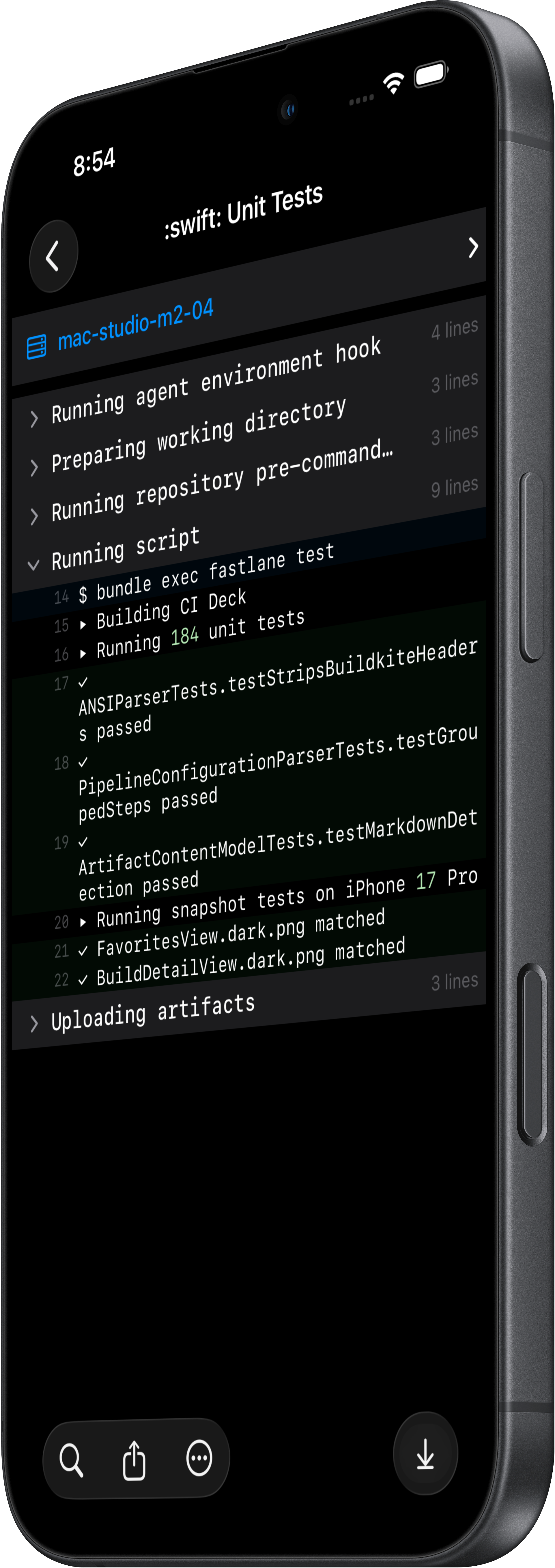 CI Deck job log grouped by Buildkite sections, one section expanded