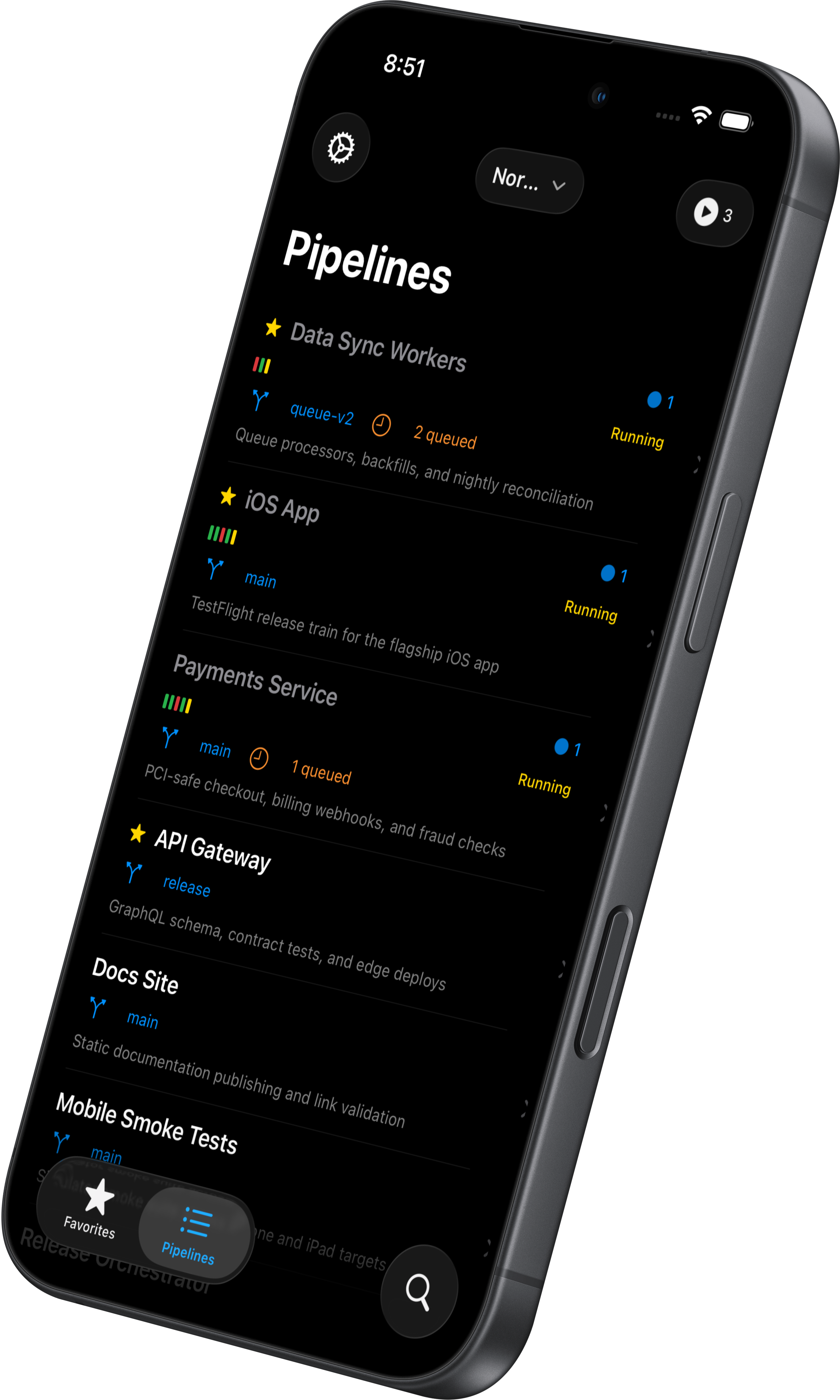 CI Deck pipelines screen showing starred pipelines with branch and running status